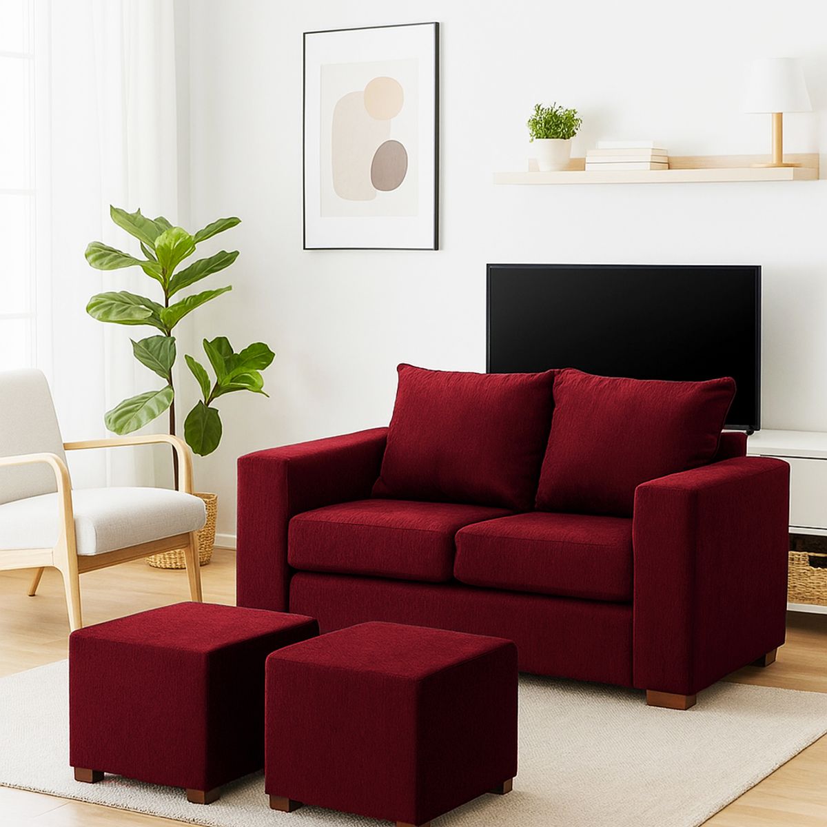 DKORA - Living City Sofa 2 cuerpos + 2 Puff Rojo