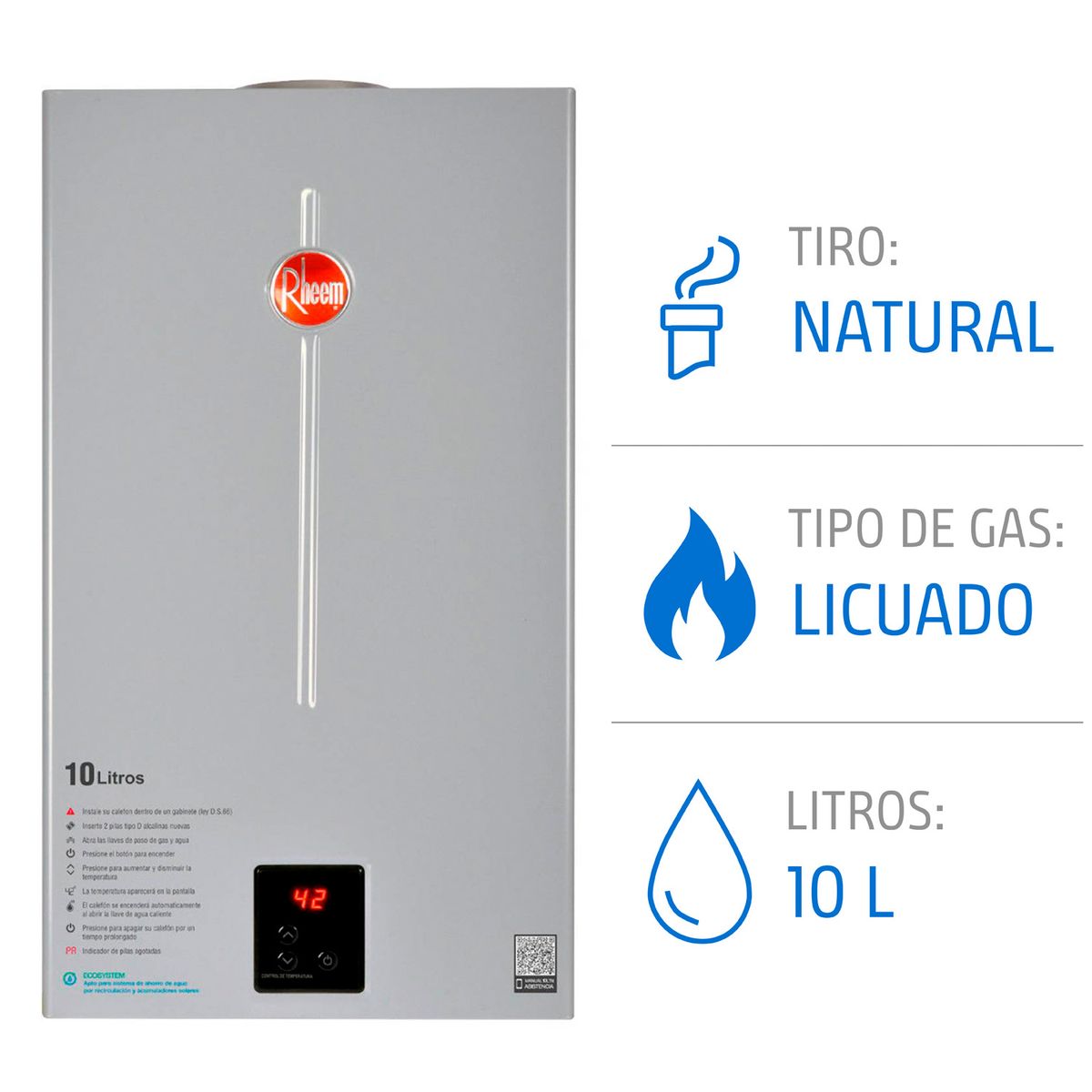 RHEEM - Calefont 10 litros Gas licuado Tiro Natural Rheem