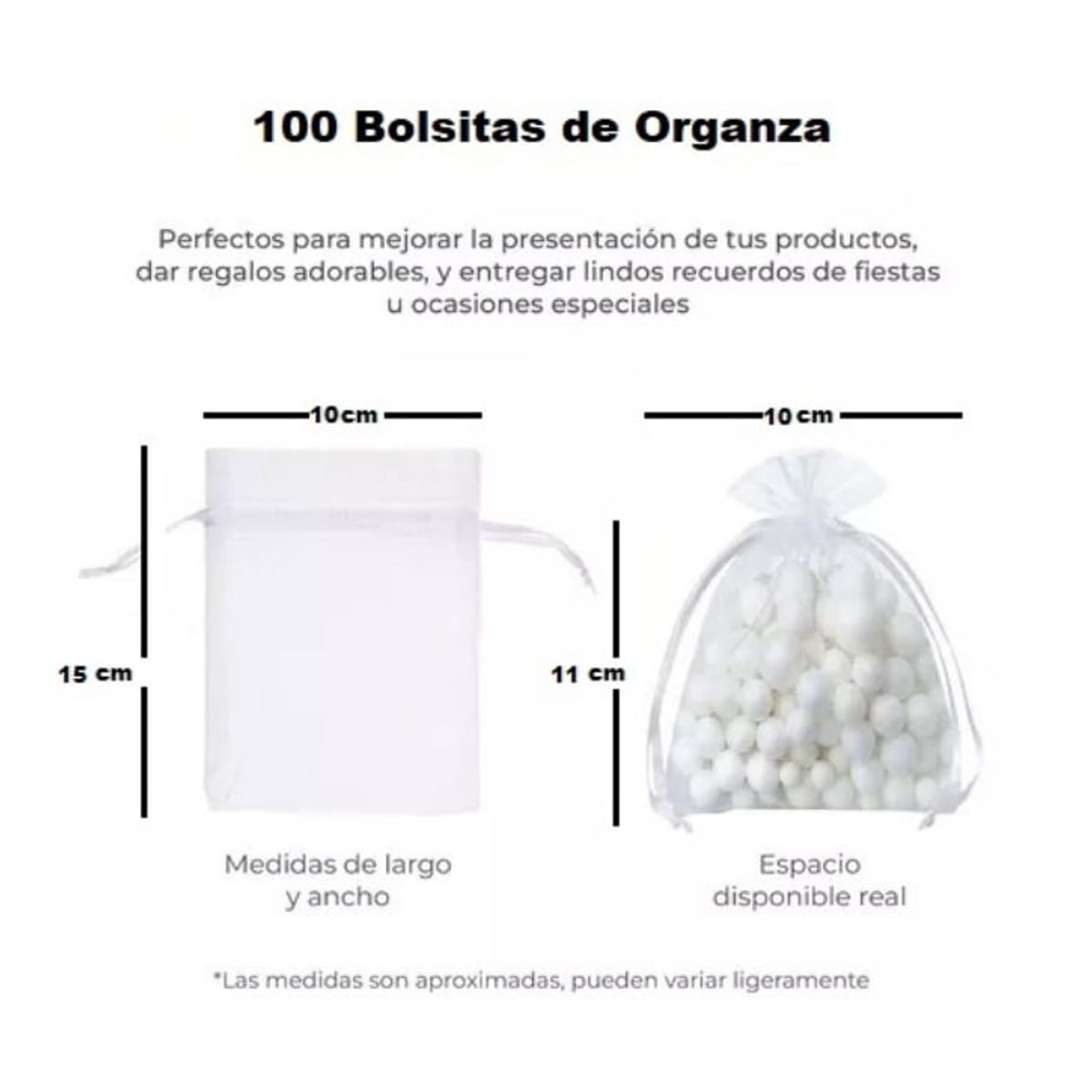 ZG JOYAS - Pack 100 Bolsas Organza Tela Blanca 10x15 Cm