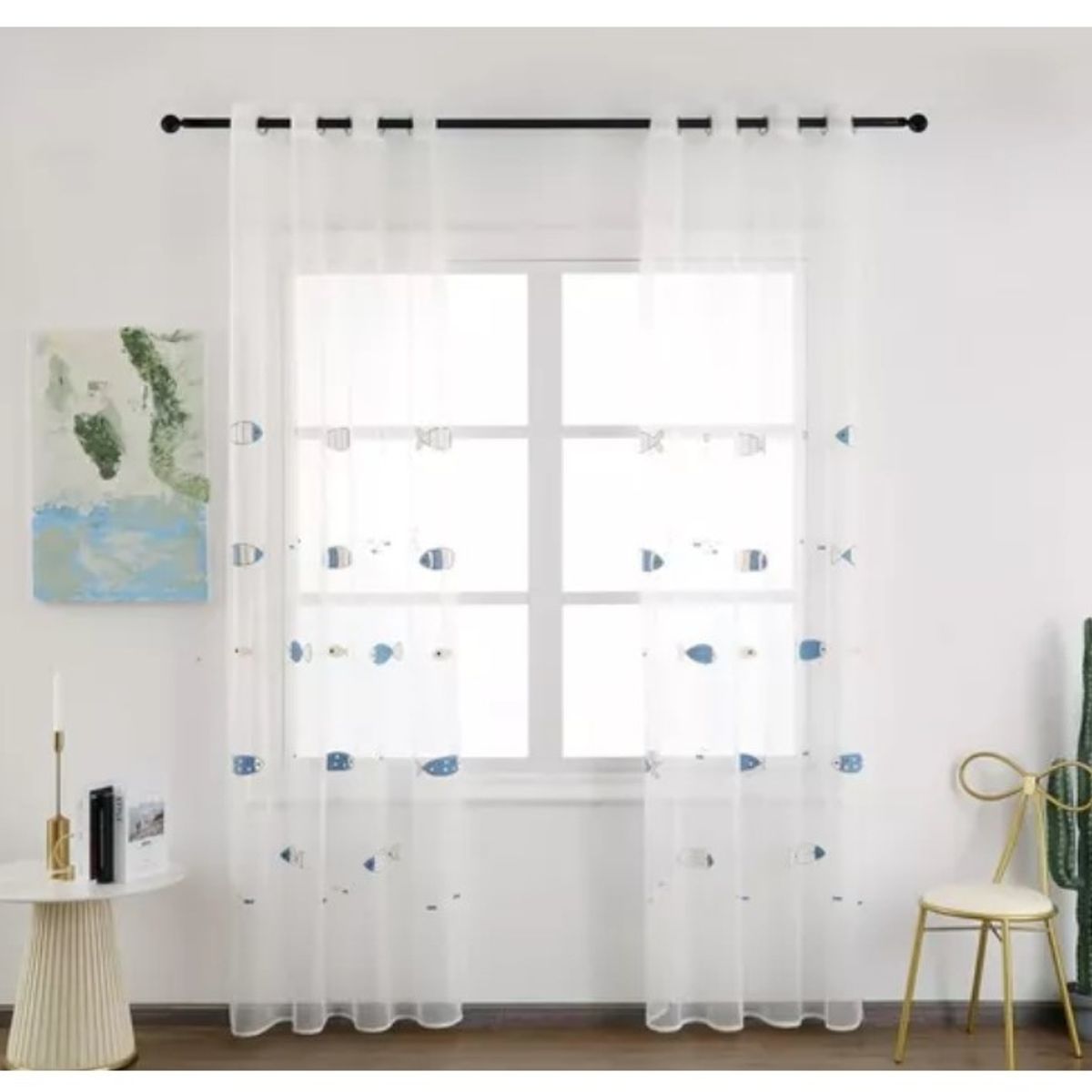 GENERICO - Set X 2 Velos Visillos Blancos con Peces Bordados 140x230 Cm. 2 Paños