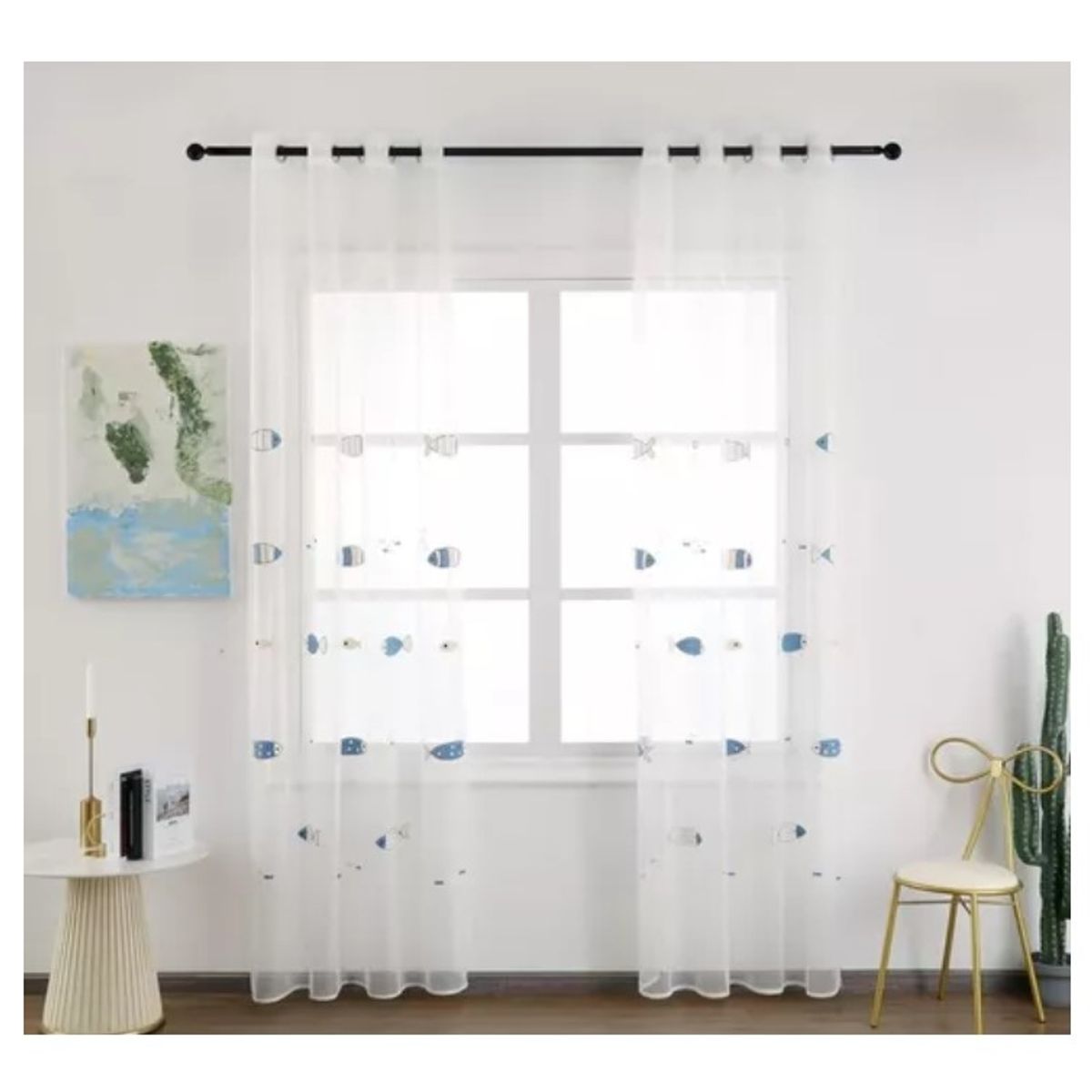 GENERICO - Set X 2 Velos Visillos Blancos con Peces Bordados 140x230 Cm. 2 Paños