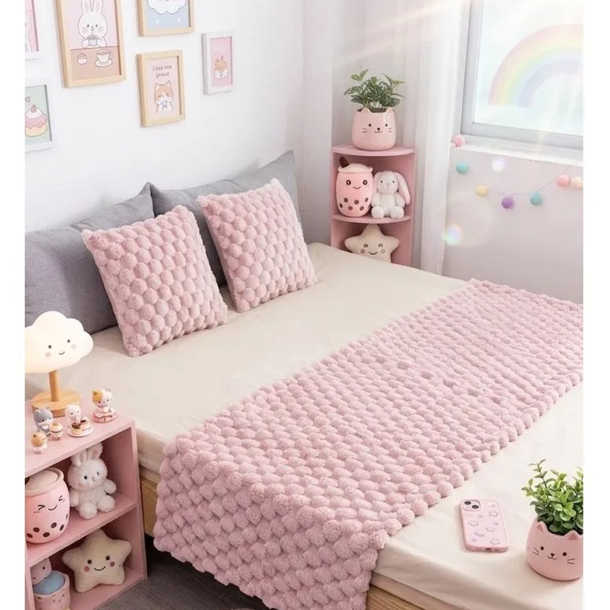 ALMA & DECO - Set Piecera Piel Sintética Burbujas 190x70 y 2 Fundas 45x45 Rosa Pastel