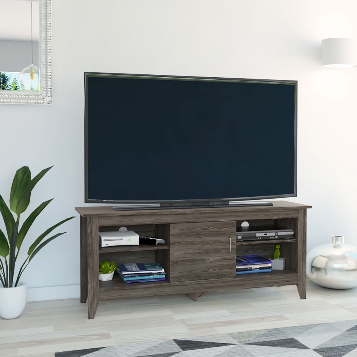 FMFURNITURE - Rack TV 65" Con 1 Puerta Y 4 Repisas Fm-005O Café Oscuro
