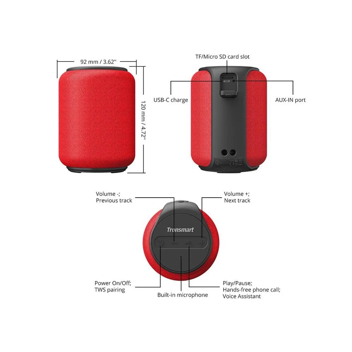 TRONSMART - Parlante Bluetooth 15W Tronsmart Element T6 Mini - Rojo