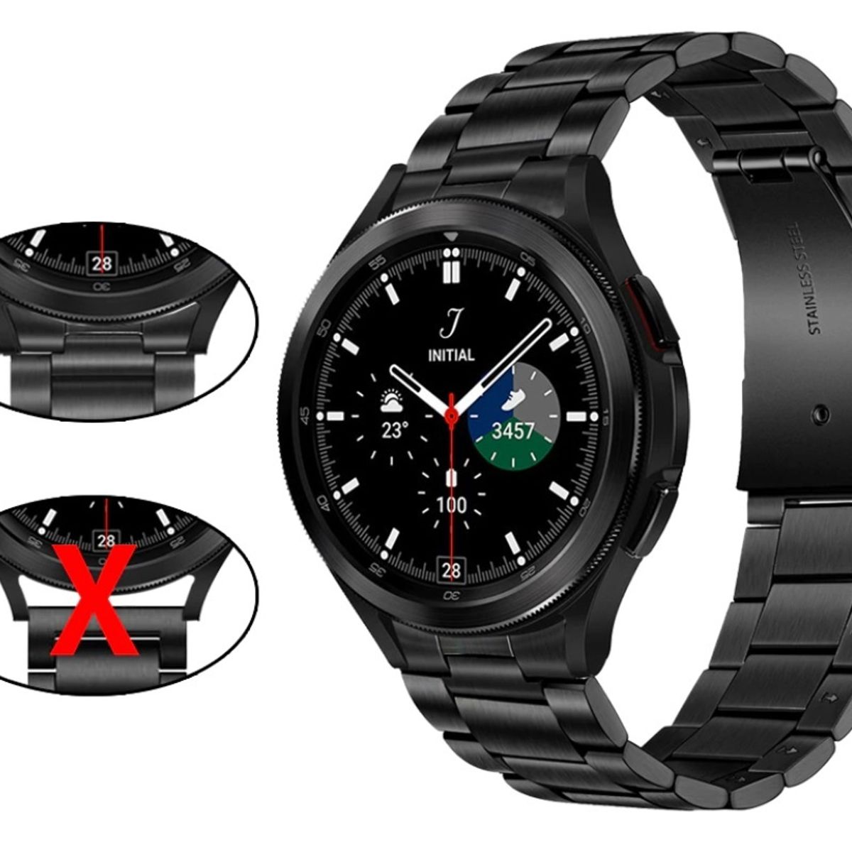 GENERICO - Correa Acero para Galaxy Watch 4 y 5 + Ajustador Negra