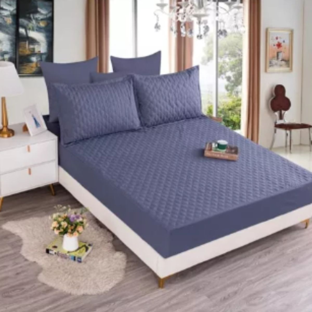 GENERICO - Cubrecolchón impermeable 1.5 plazas + 2 fundas de almohadas azul…