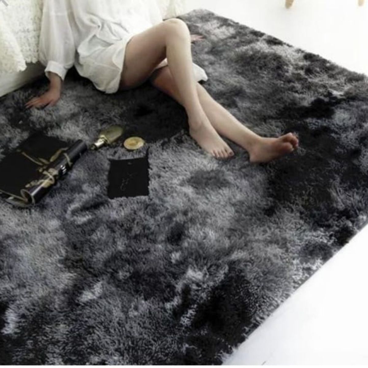 GENERICO - Alfombra Peluda Medida 200 x 240 cm, Color Negra Jaspeada