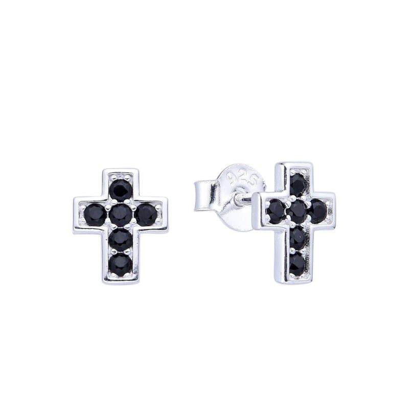 ANDREA COGGIOLA JOYAS - Aros Cruz Circón Negro Mini Plata Fina 925