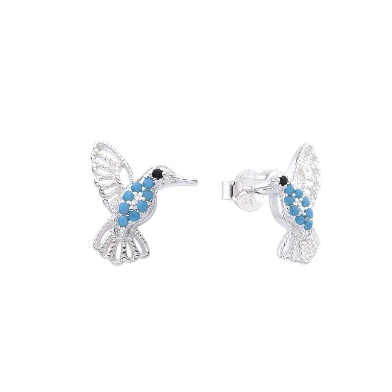 ANDREA COGGIOLA JOYAS - Aros Colibrí Cristal Celeste Calado Plata Fina 925