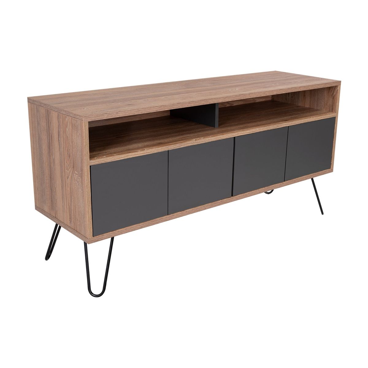 FMFURNITURE - Rack TV  55" Con 2 Repisas Y 4 Puertas Fm-006C - Cafe Claro / Plomo