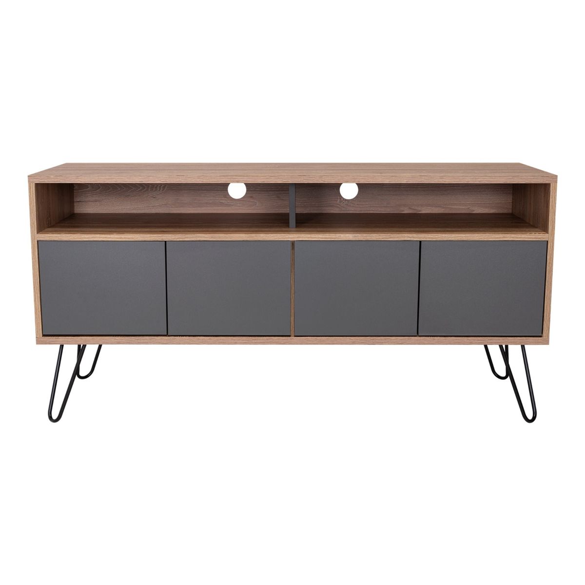 FMFURNITURE - Rack TV  55" Con 2 Repisas Y 4 Puertas Fm-006C - Cafe Claro / Plomo