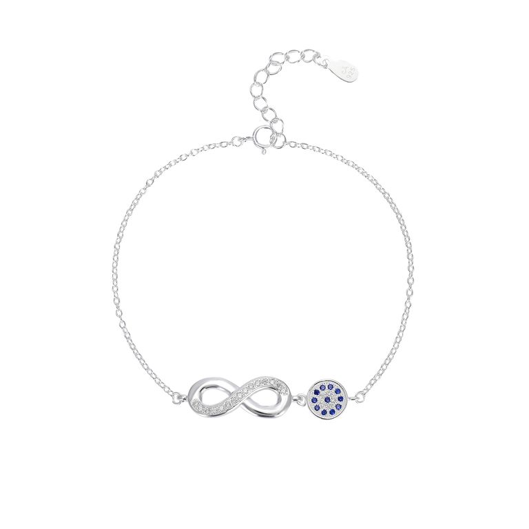 Pulsera Ojo Turco Infinito Circon Blanco Plata Fina 925 Plateado TALLA UNICA