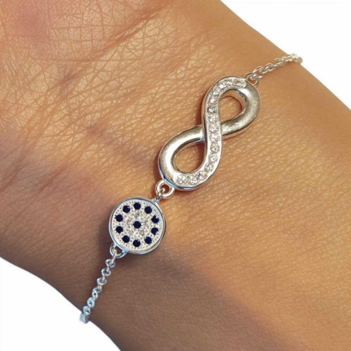 COGGIOLA - Pulsera Ojo Turco Infinito Circón Blanco Plata Fina 925