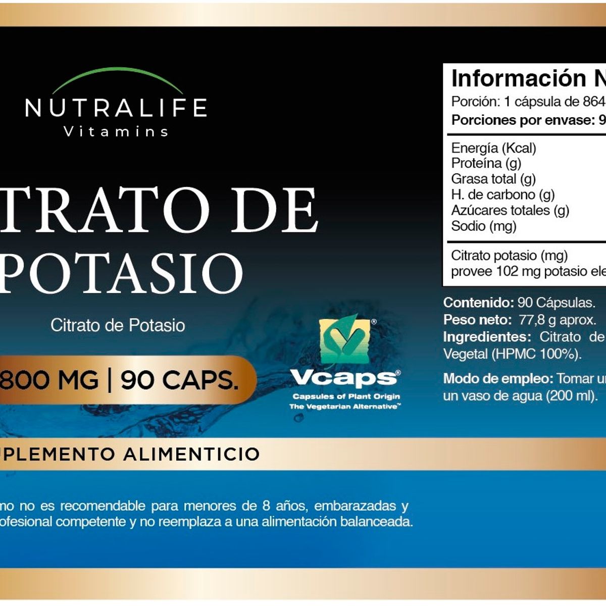 NUTRALIFE - Citrato De Potasio Puro Lf 270 Capsulas 800mg 3x90 Caps