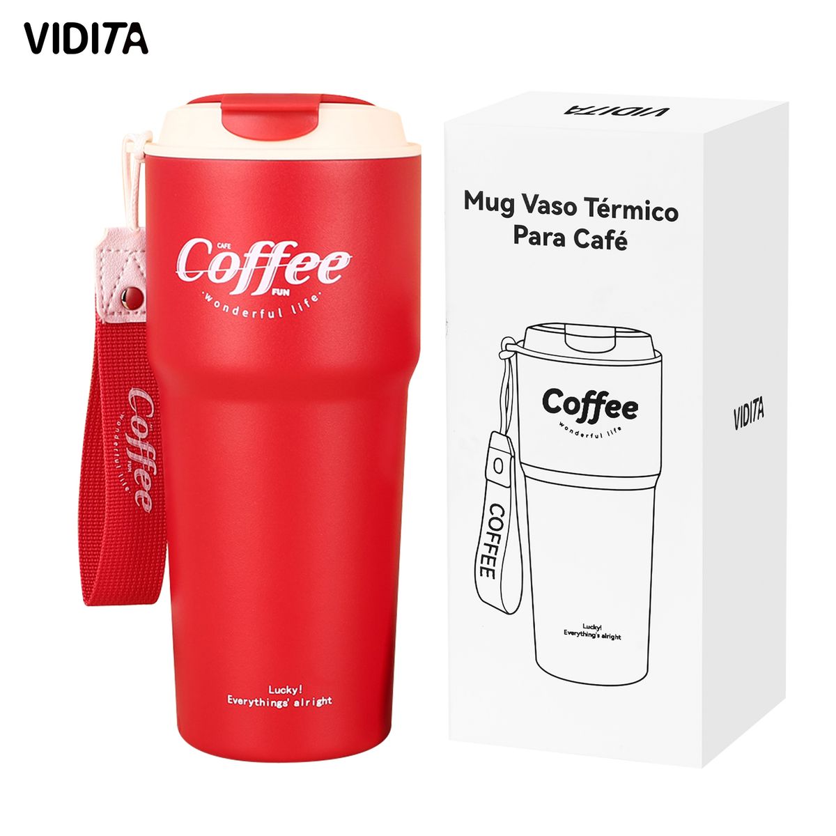 REBONEC - Mug Termo Botella Vaso Termico Cafe Acero Inoxidable 620ml Rojo