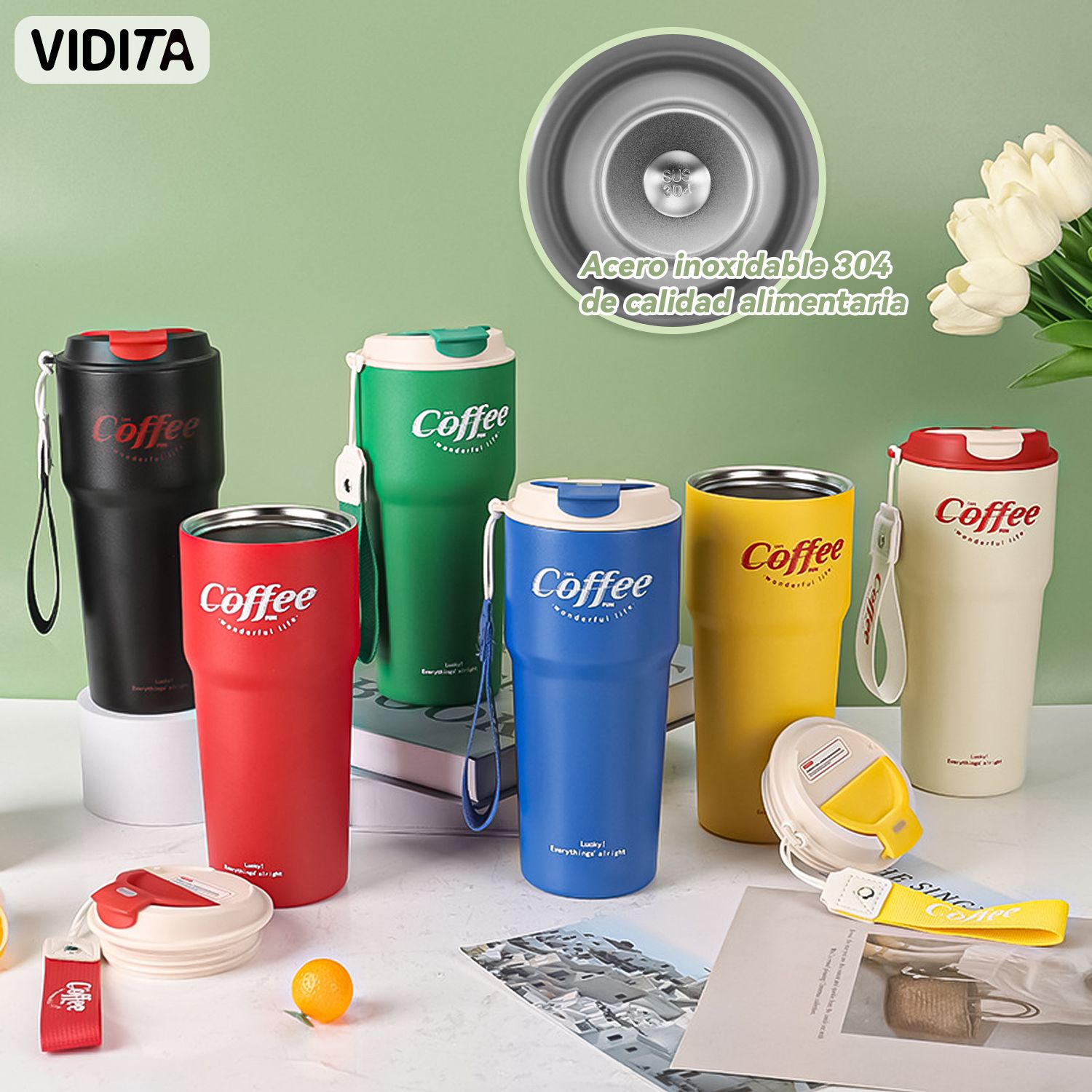 Boziee Termo De Acero Inoxidable, 800 Ml, Con Vaso, Sin BPA, Portátil, Para Viajes Para Café Y Té (verde
