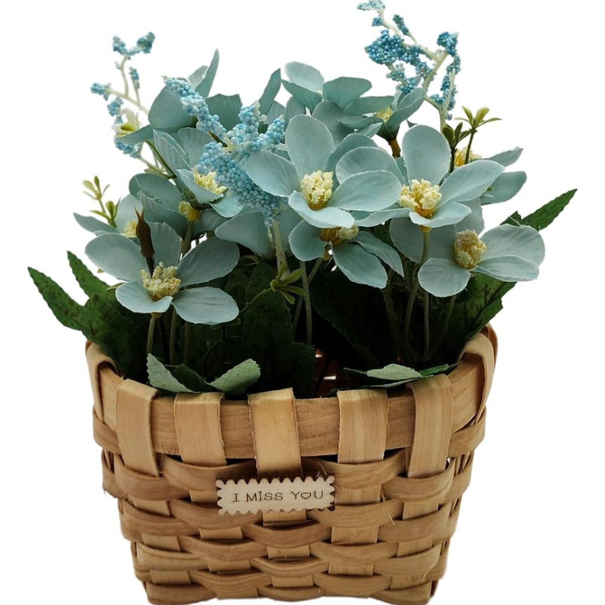 GENERICO - Planta Artificial Macetero Estilo Mimbre Flores Celestes.