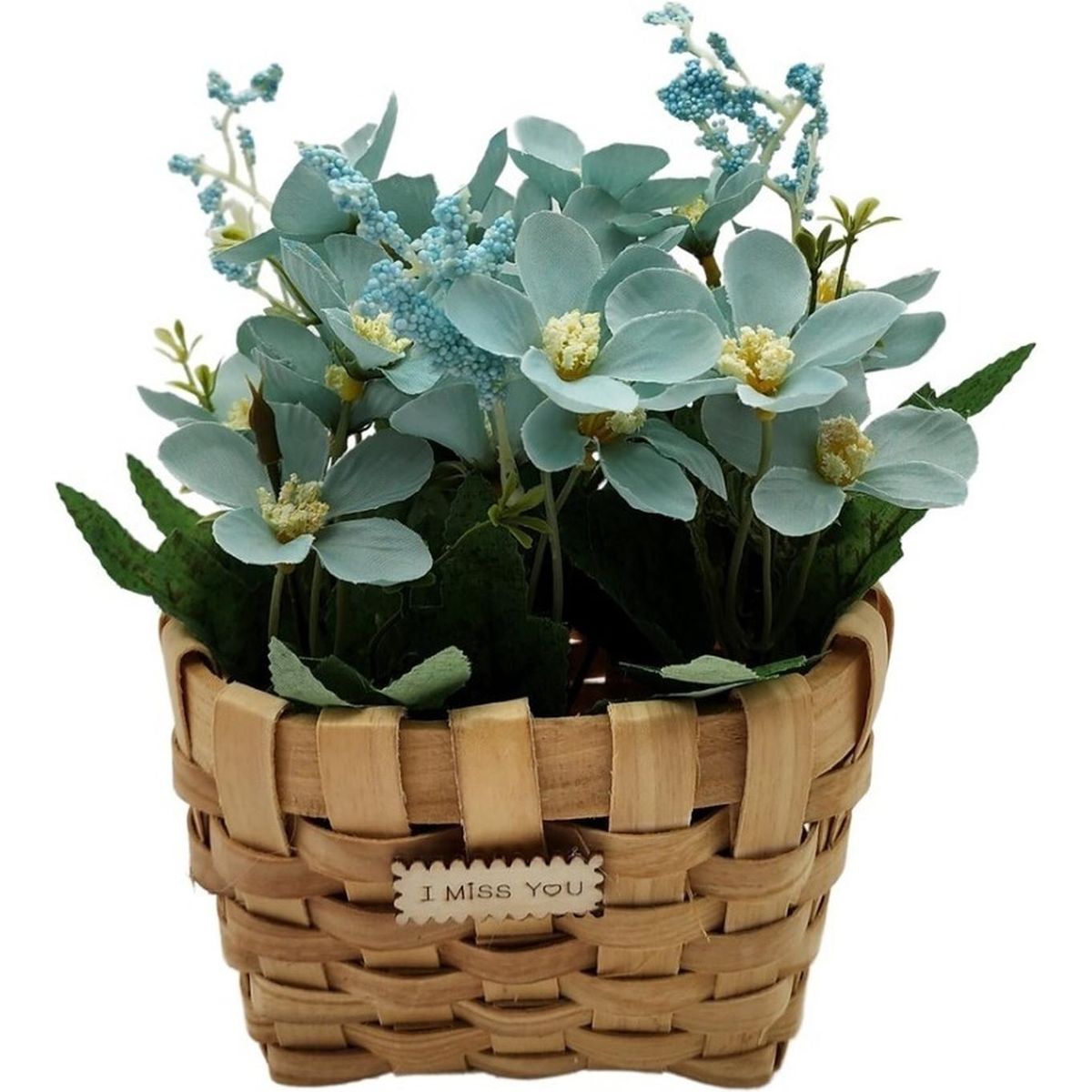 GENERICO - Planta Artificial Macetero Estilo Mimbre Flores Celestes.