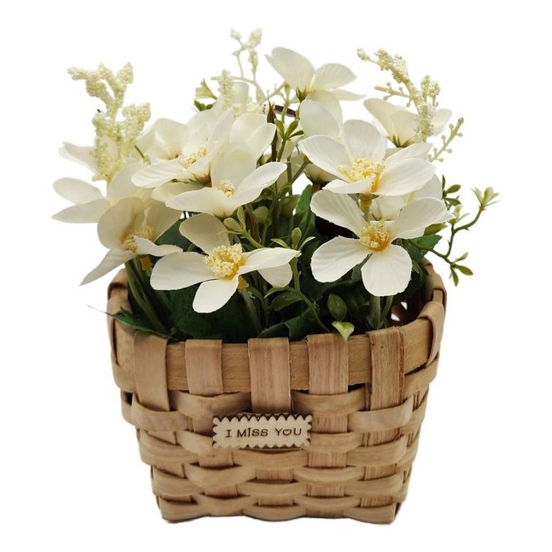 GENERICO - Planta Artificial Macetero Estilo Mimbre Flores Blancas