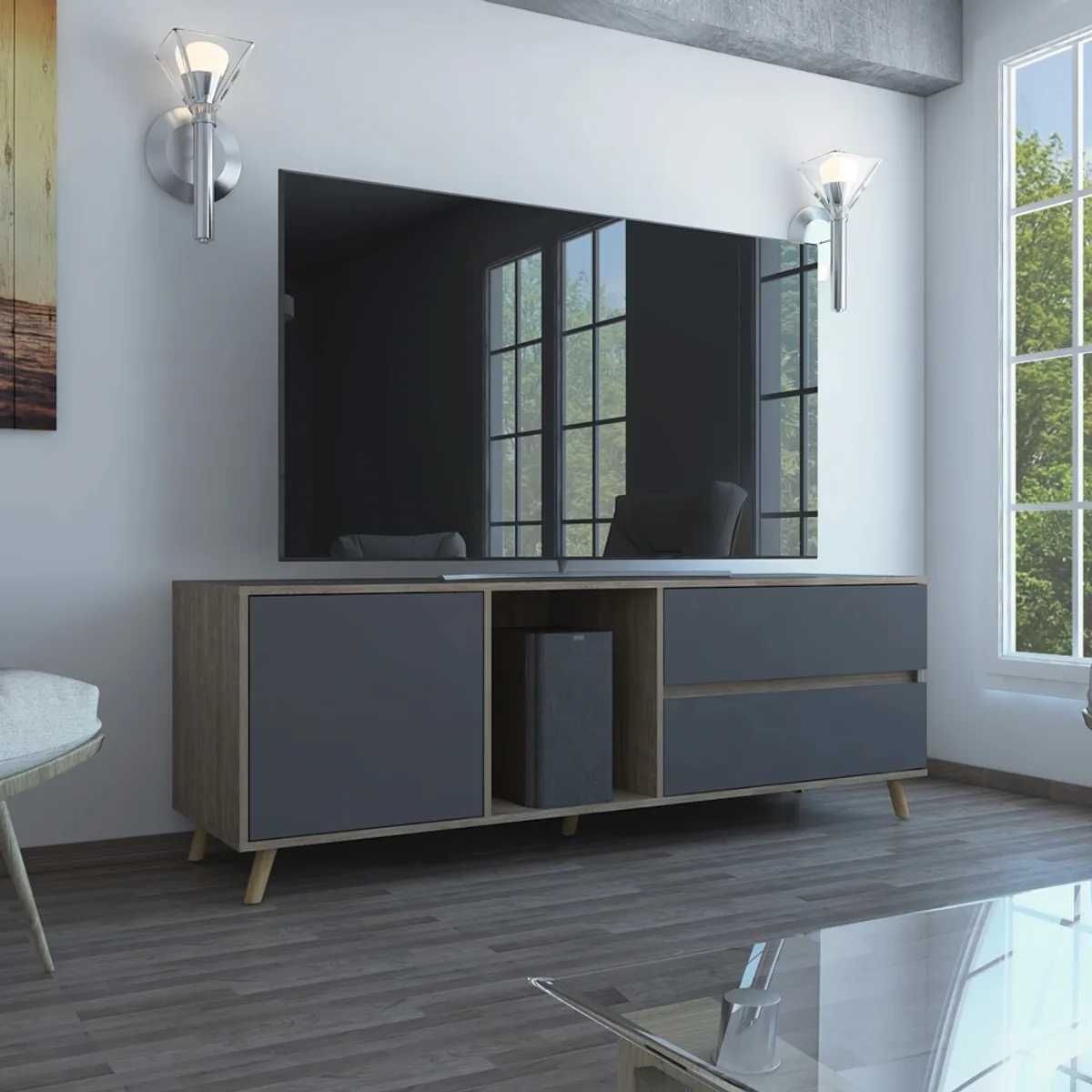 FMFURNITURE - Rack TV 60" Con 2 Cajones Y 1 Puerta Fm-008C - Cafe Claro / Plomo