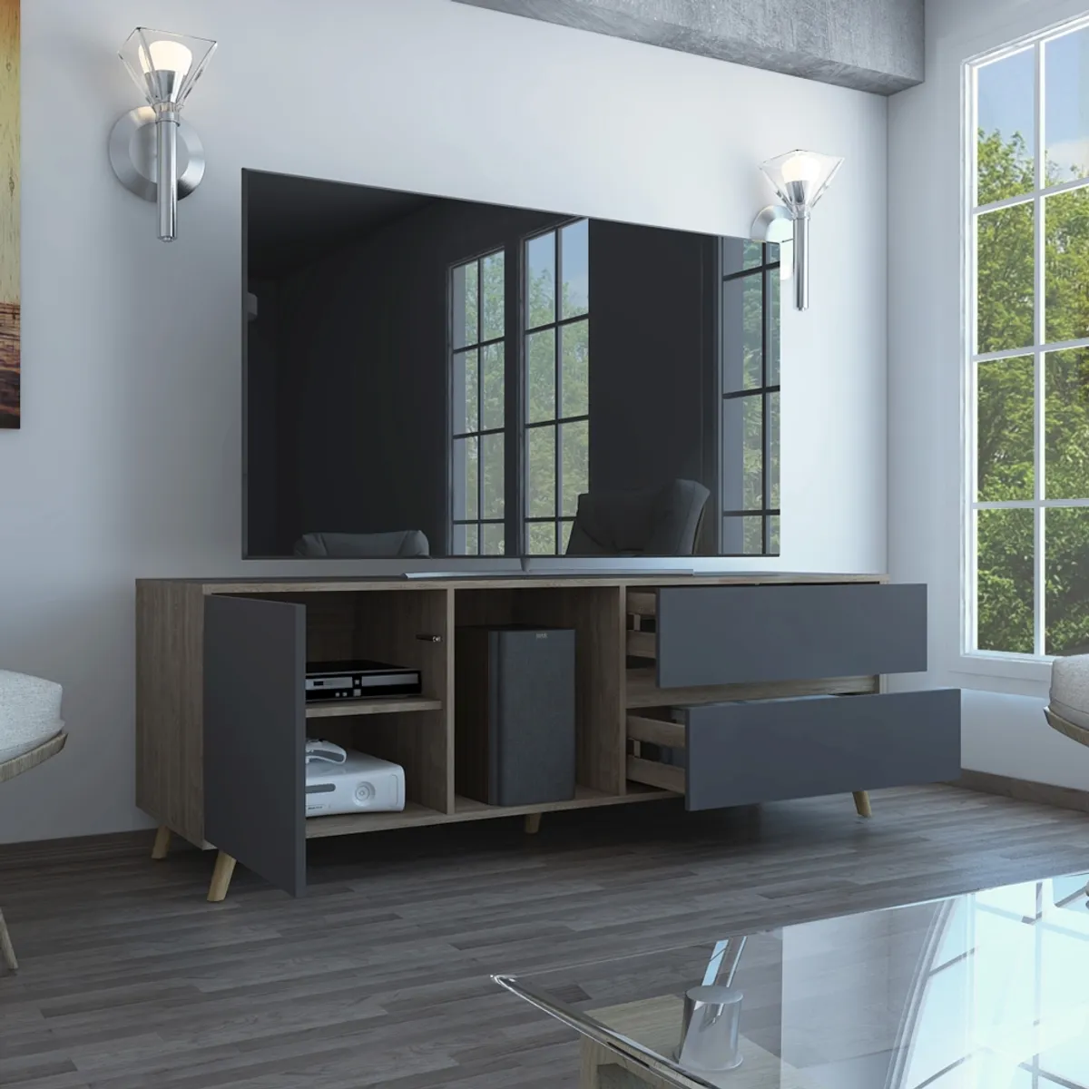 FMFURNITURE - Rack TV 60" Con 2 Cajones Y 1 Puerta Fm-008C - Cafe Claro / Plomo