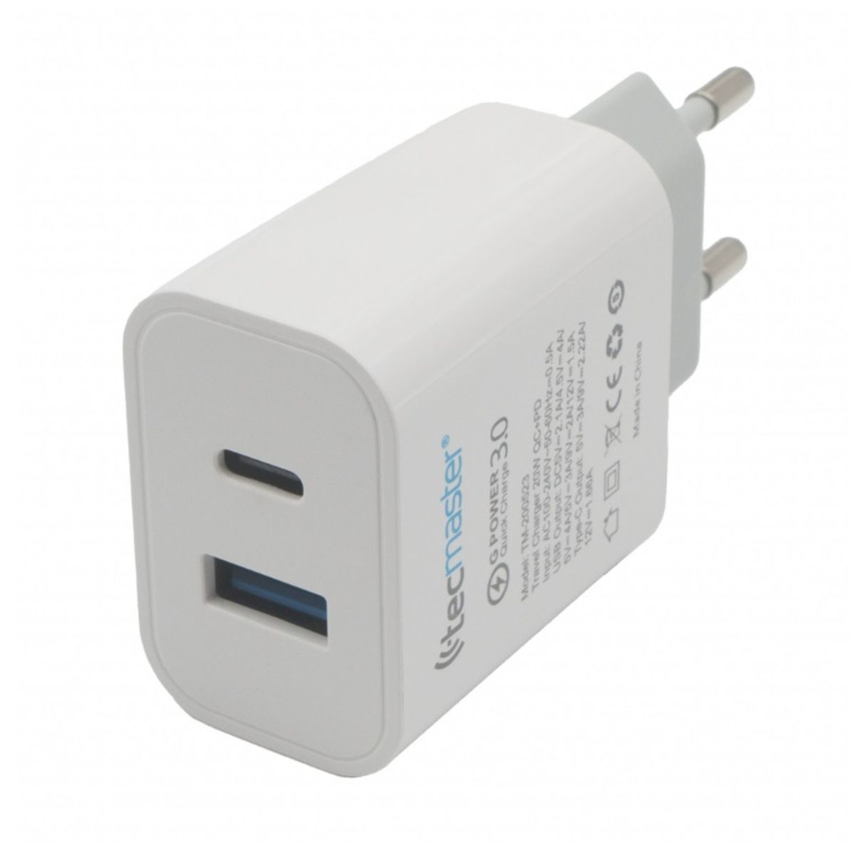 TECMASTER - Enchufe Cargador Q30 Dual pd 20w Tipo C+usb Súper Carga Certificado