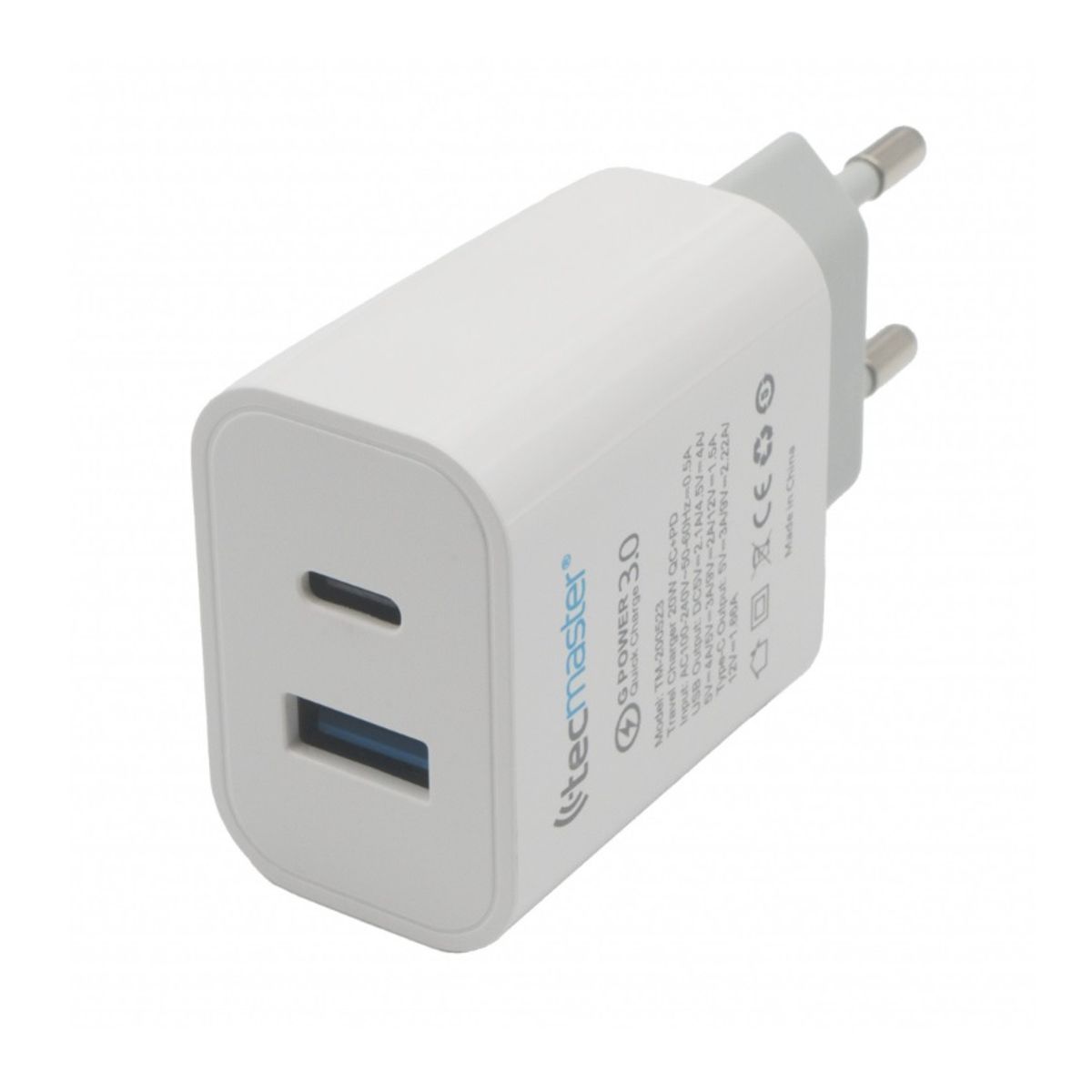 TECMASTER - Enchufe Cargador Q30 Dual pd 20w Tipo C+usb Súper Carga Certificado
