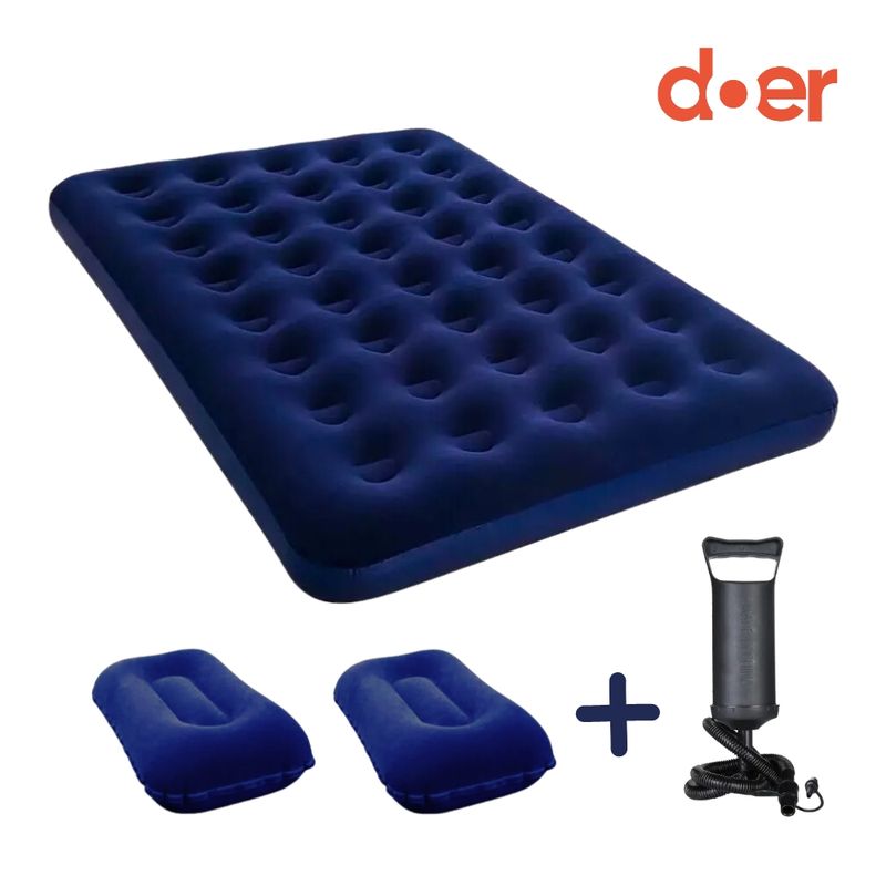 DOER - Colchón inflable Doble 191x137x22 con inflador manual y 2 almohadas