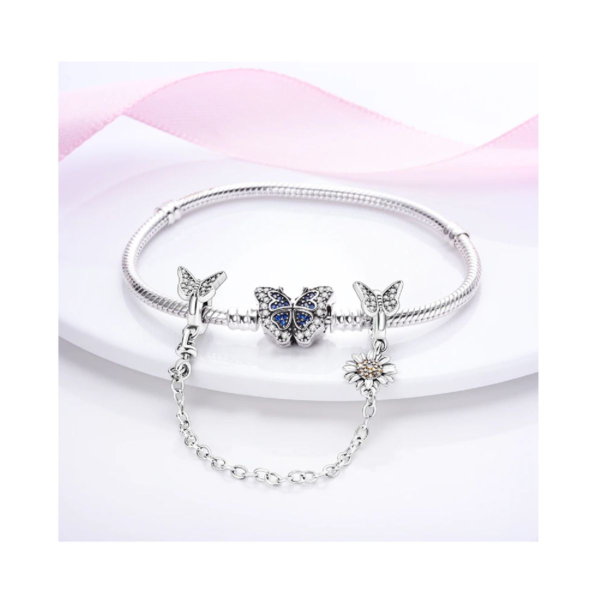 SILVER HEART - Charm Cadena Mariposas y Girasol en Plata Fina 925 SILVER HEART