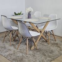 Juego de Comedor Medlock Vidrio 140x90 + 4 Sillas Eames Blanco