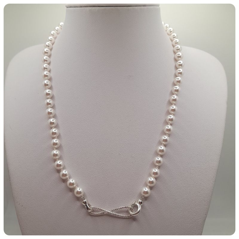 CAT JOYAS - Collar de perlas shell broche de plata fina 925 con circones