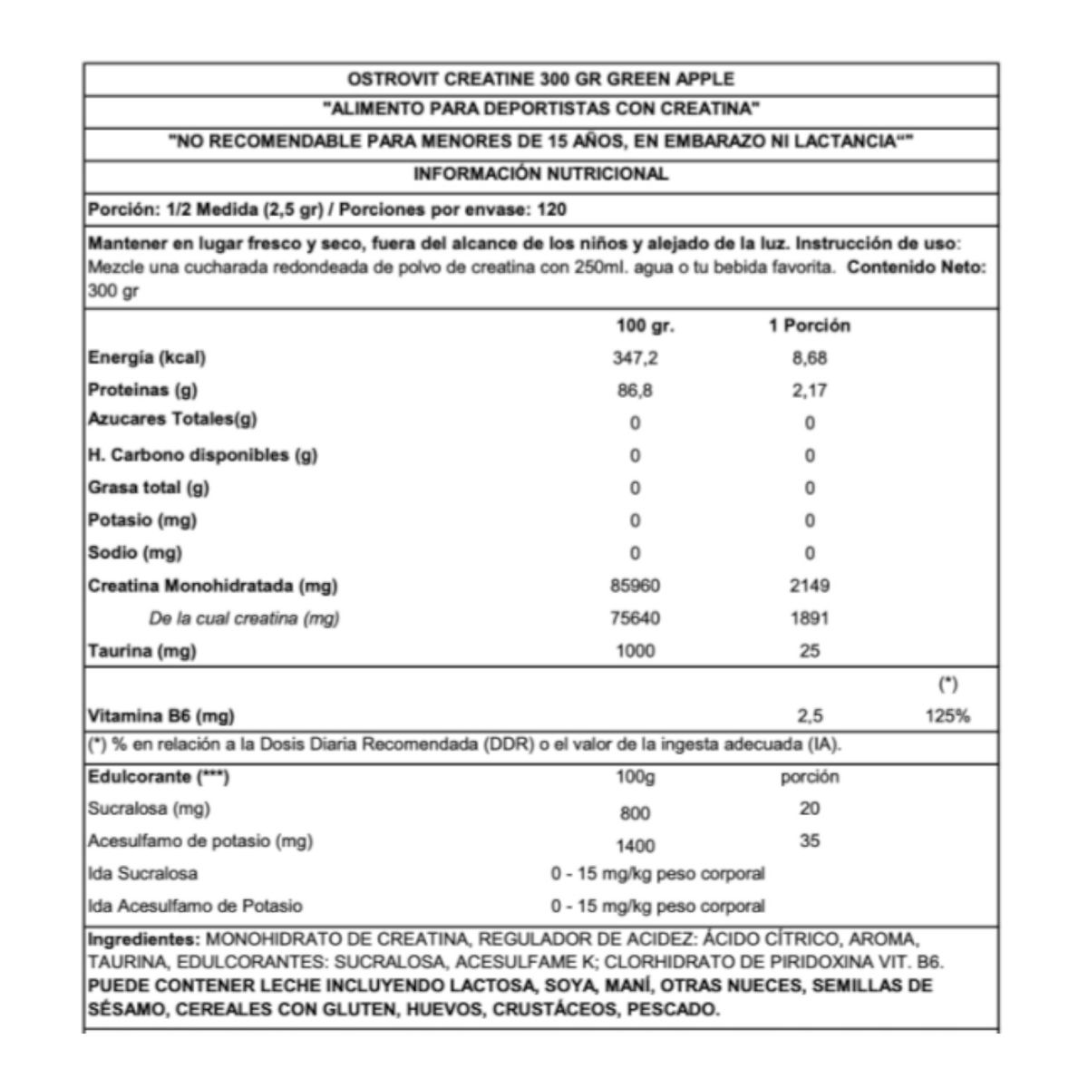 OSTROVIT - CREATINA MONOHIDRATADA 300GR - OSTROVIT - MANZANA
