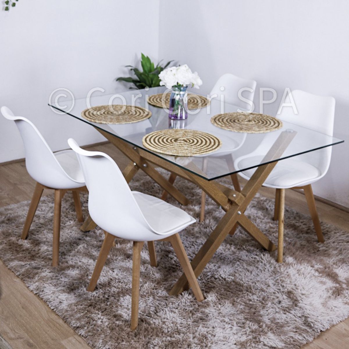 CORI CORI - Comedor Medlock Vidrio 140x90 + 4 Sillas Tulip Blancas