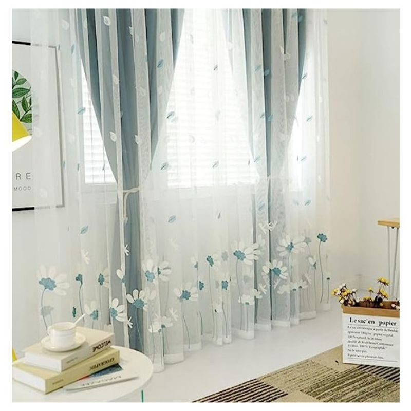 GENERICO - Set Visillos Blancos con Bordados Flores Turquesa 140x240 Cm 2 Paños