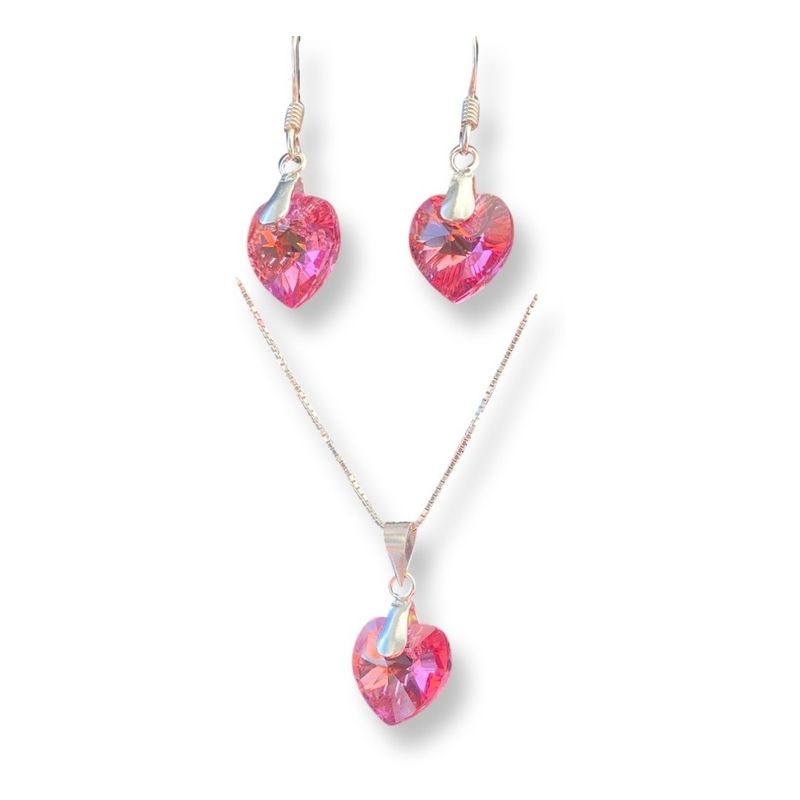 GENERICO - Conjunto Cadena Aros Cristal Corazón Rosa Plata 925 + Caja