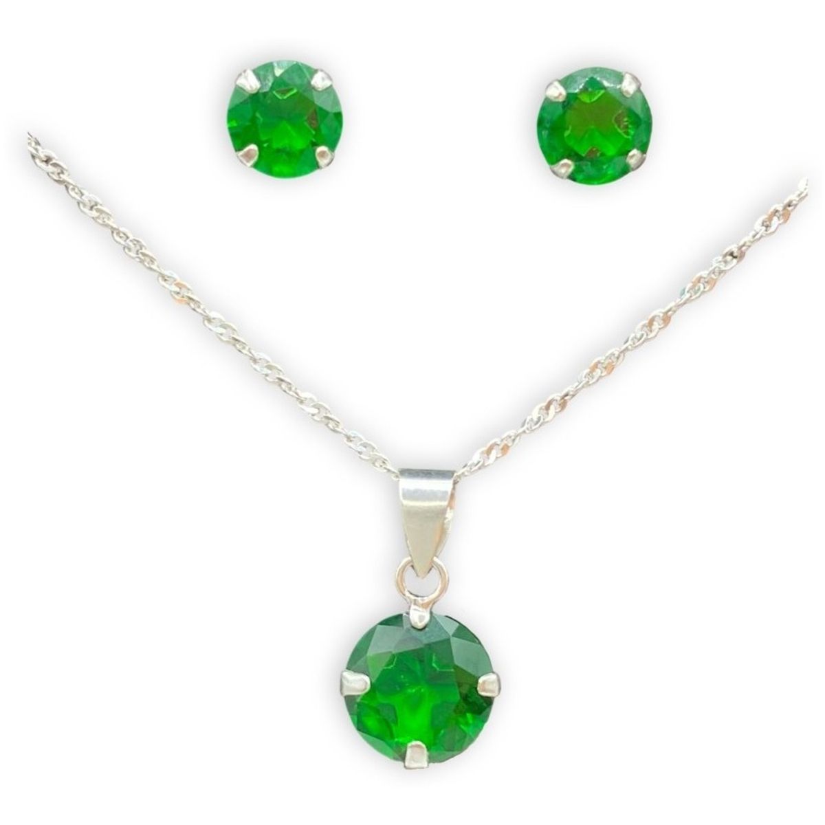GENERICO - Conjunto Punto Luz Verde Collar Dije Aros Plata 925 + Caja