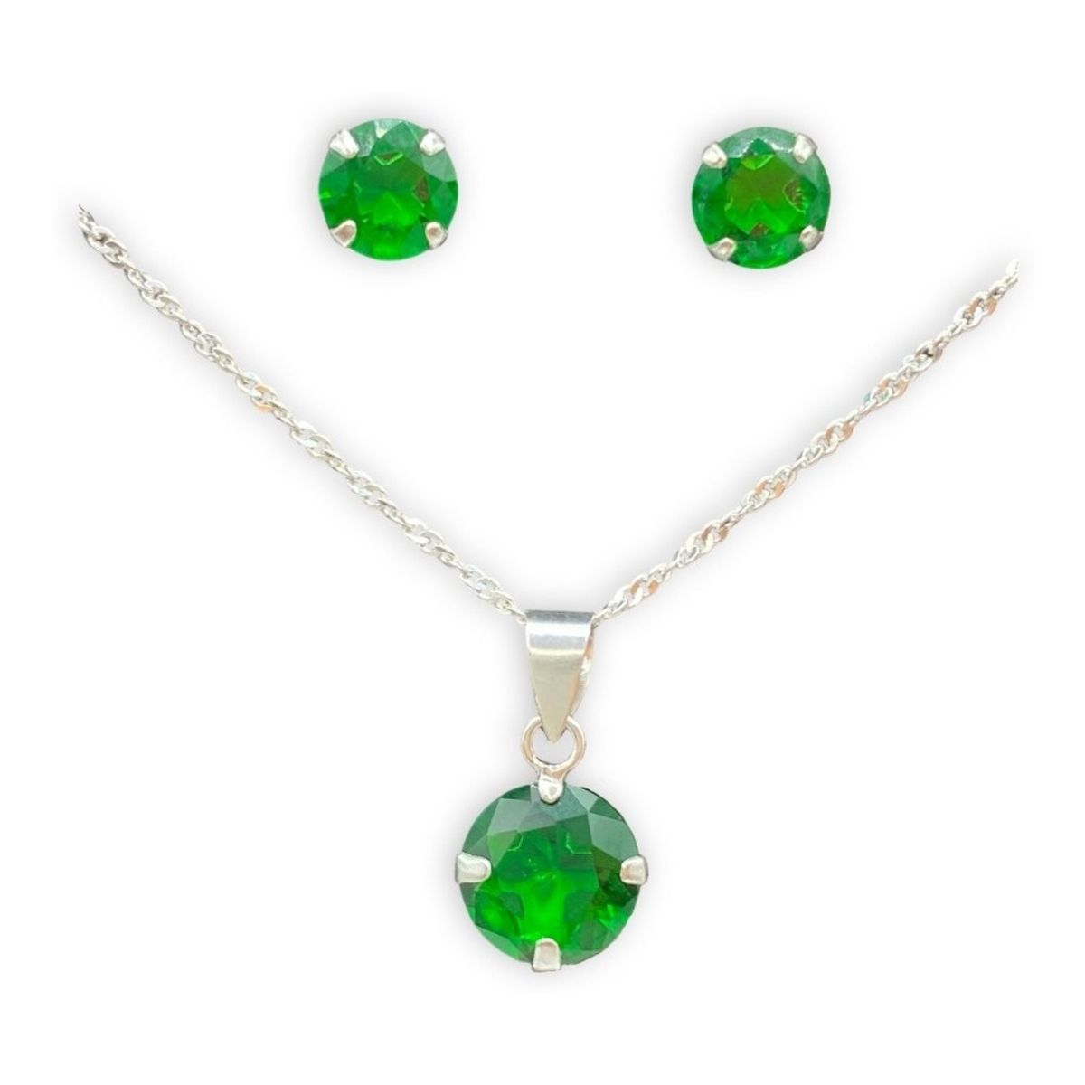 GENERICO - Conjunto Punto Luz Verde Collar Dije Aros Plata 925 + Caja