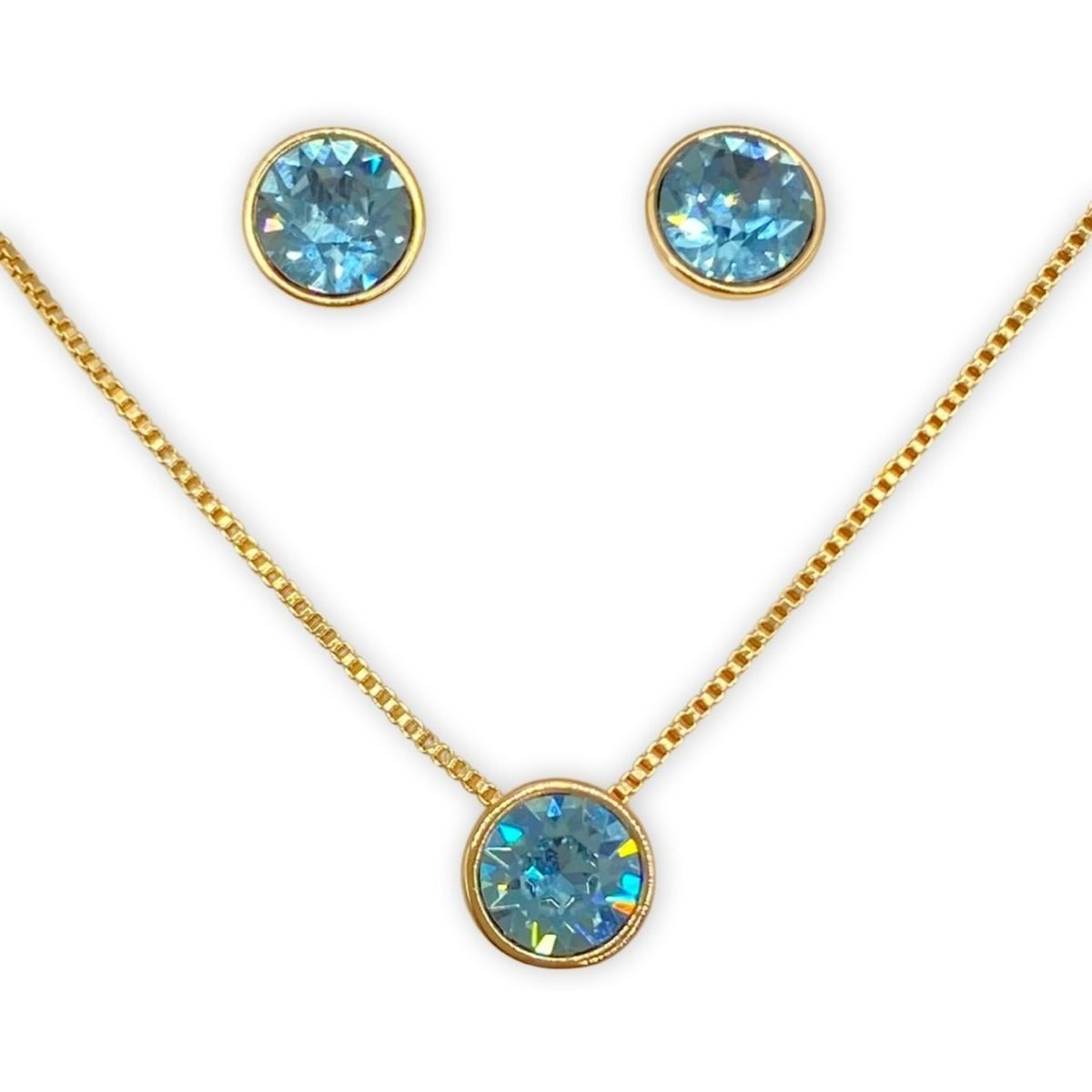 GENERICO - Conjunto Collar Aros Cristal celeste Baño Oro Rosa 18kl