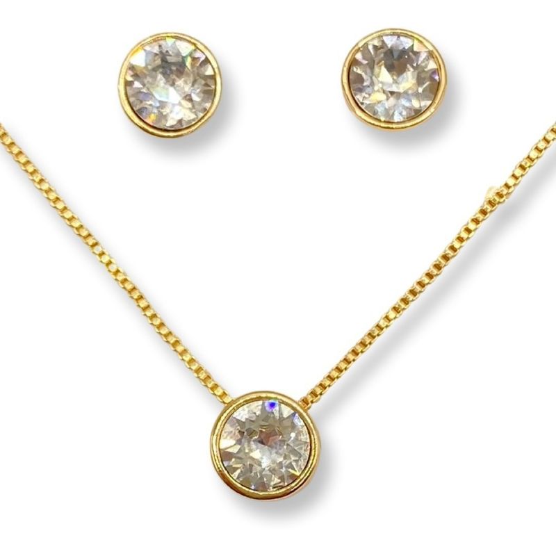 GENERICO - Conjunto Collar Aros Cristal blanco Elementes Baño Oro Rosa 18kl