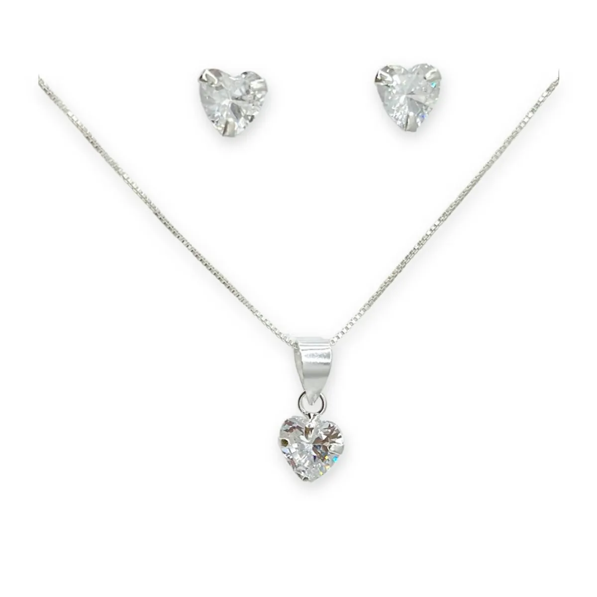 GENERICO - Conjunto Collar Dije Aros Corazon Circon Blanco Plata 925