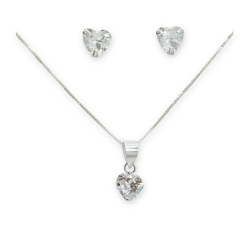 GENERICO - Conjunto Collar Dije Aros Corazon Circon Blanco Plata 925