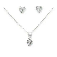 GENERICO - Conjunto Collar Dije Aros Corazon Circon Blanco Plata 925