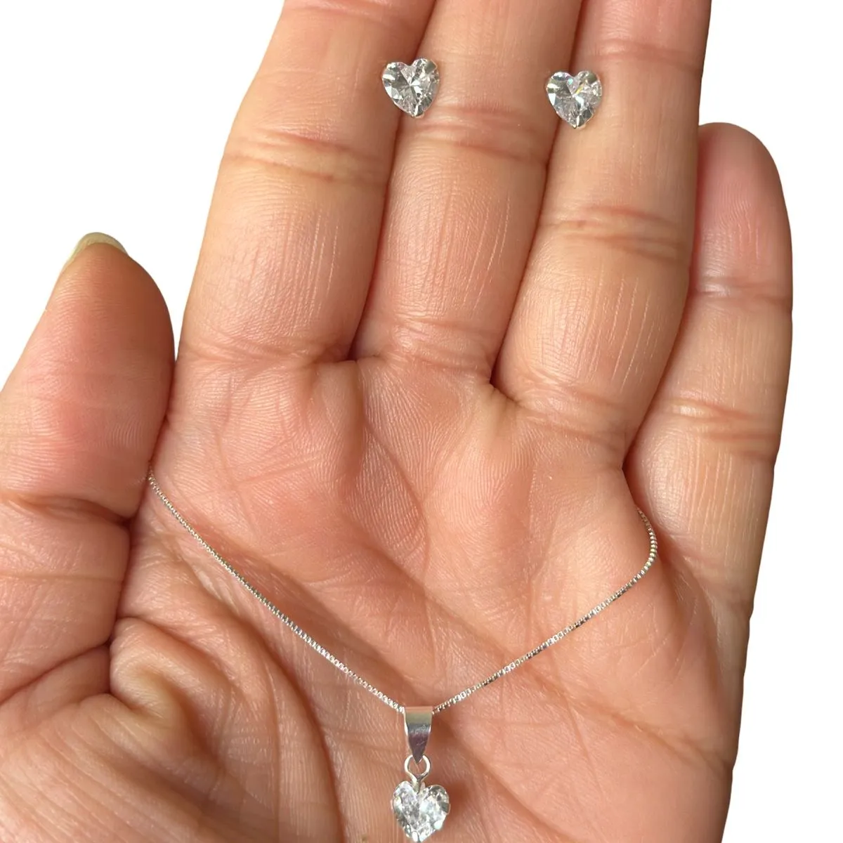 GENERICO - Conjunto Collar Dije Aros Corazon Circon Blanco Plata 925