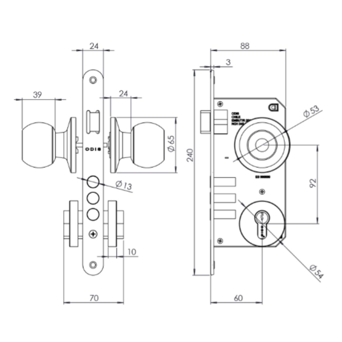 ODIS - Cerradura Embutir Odis 201 Pomo Comunicación - Plata