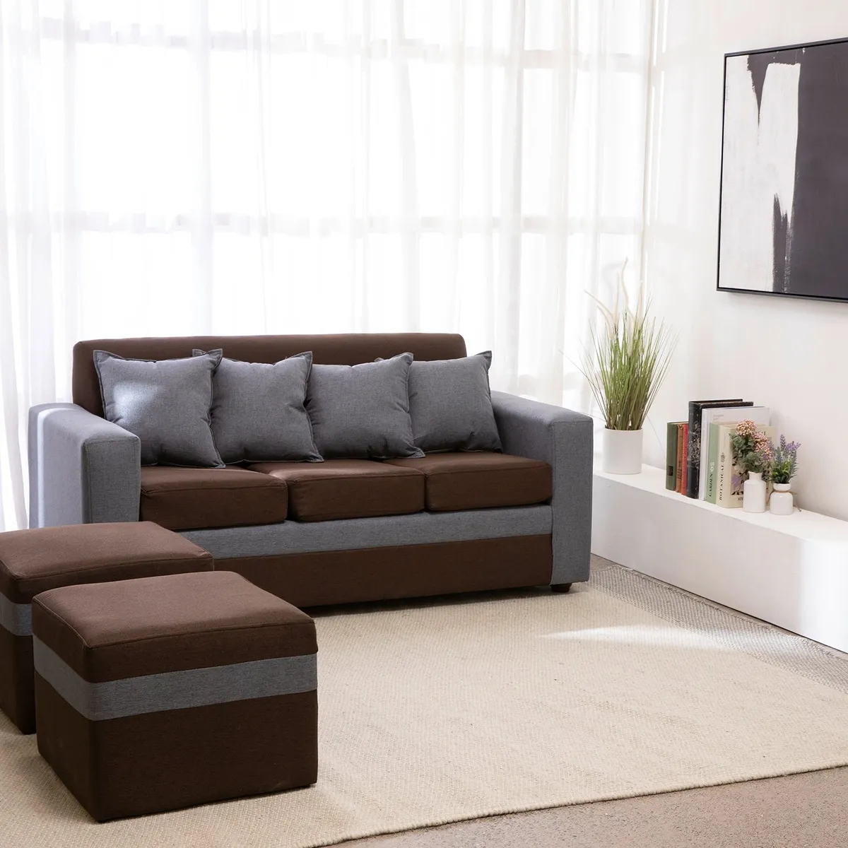 ALMORE - Sofa Paris 2 Pouf Gris Café Almore