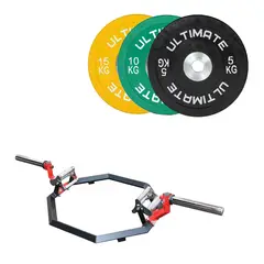 ULTIMATE FITNESS - BARRA OLÍMPICA HEXAGONAL TRAP ELITE DISCOS OLÍMPICOS BUMPER ELITE COMP 60KG