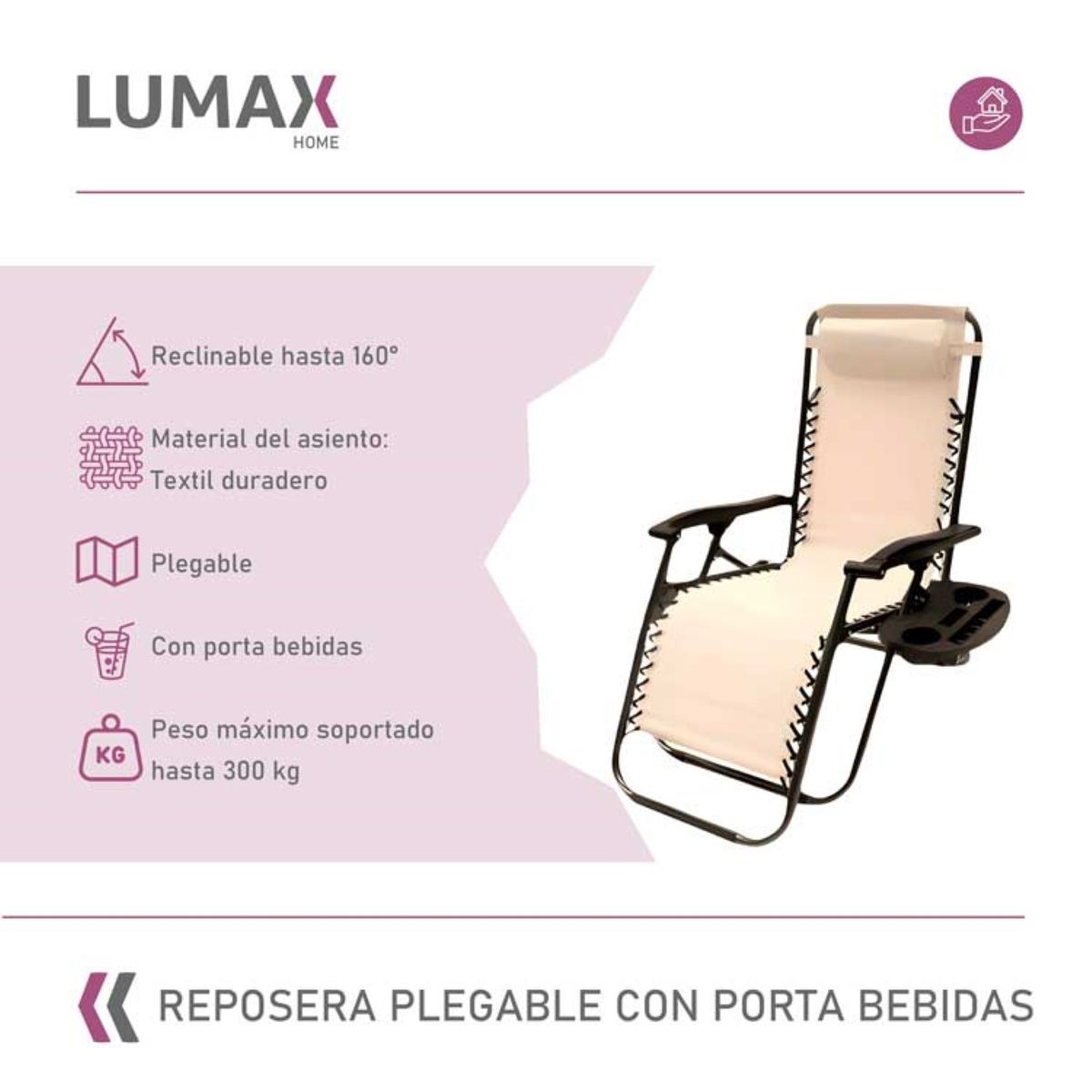 LUMAX - Silla Reposera Plegable Portatil Con Porta Bebidas Blanco