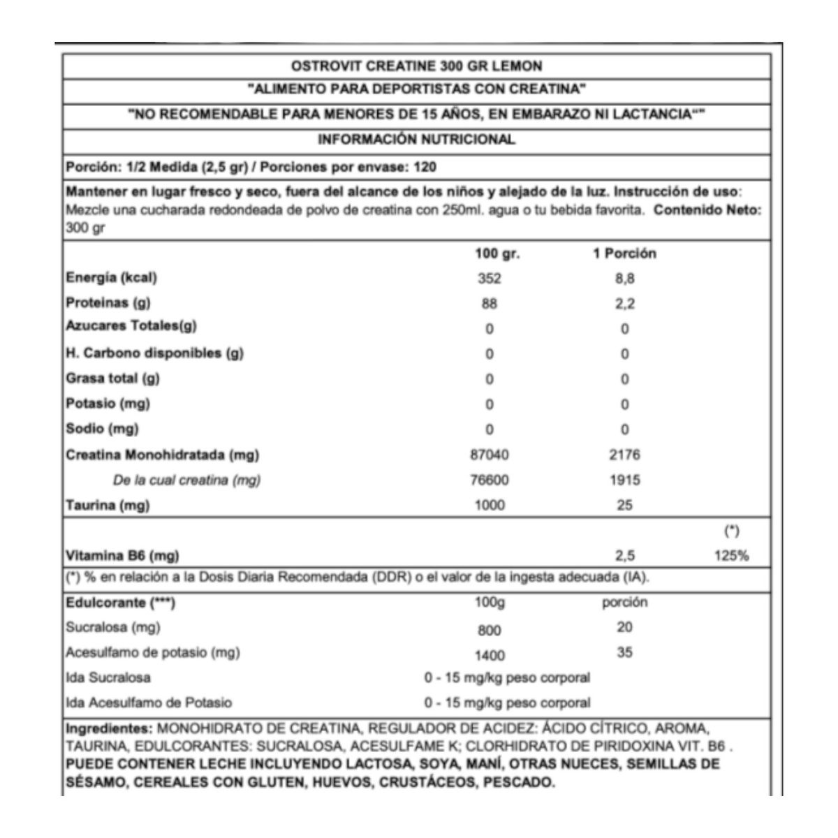 OSTROVIT - Pack 2 creatinas monohidratadas 300 gr limón- sin sabor - Ostrovit