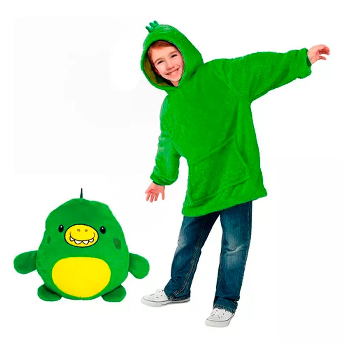 OFERTABKN - Polerón Peluche Infantil Con Capucha Mascotas Dinosaurio verde