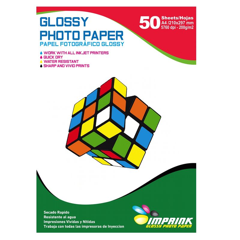 IMPRINK - Papel Fotografico Glossy Brillante A4 200 gr / 50 Hojas